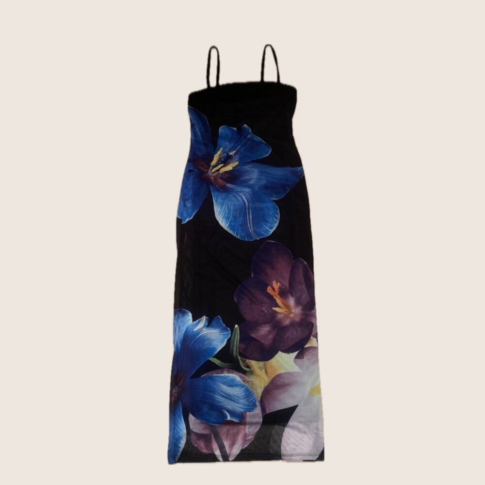 Black Floral Sheer Spaghetti Strap Dress
